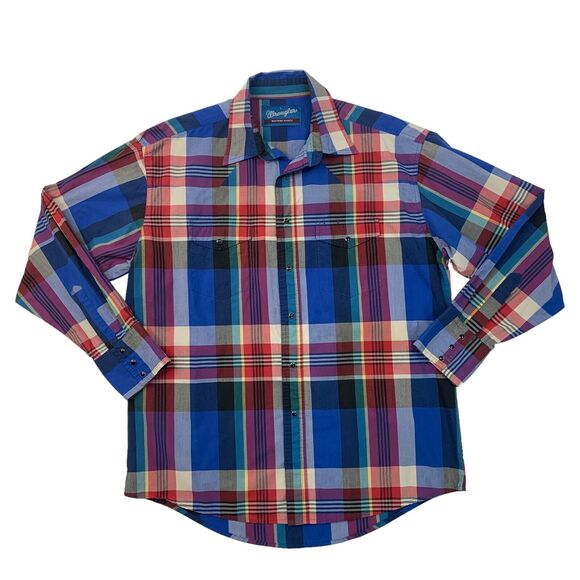 Wrangler Shirt Mens L Large Colorful Plaid Western Long Sleeve Pearl Snap Button - Picture 1 of 9